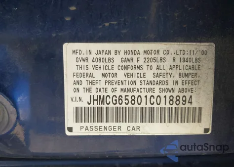 2001 Honda Accord Sdn 2.3 Ex/Ex z USA, uszkodzony, nr VIN JHMCG65801C018894